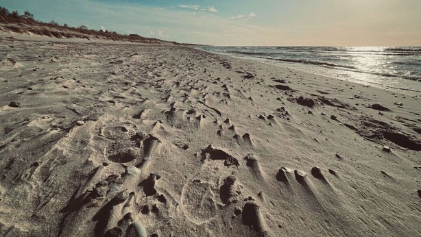 Une plage de sable où l’on peut voir des empreintes de pas menant à l’eau, un ciel dégagé et un soleil bas à l’horizon.