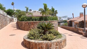 Un sendero pavimentado con muros de piedra y jardineras con diversas plantas.