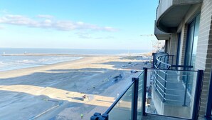 Vista desde un balcón sobre una playa con un muelle a lo lejos, una zona cercada y un pequeño edificio.