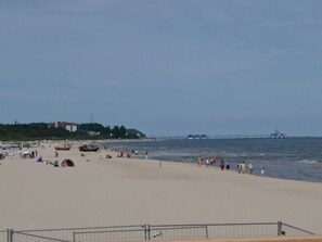 Una playa con barandilla de metal, gente y un muelle al fondo.