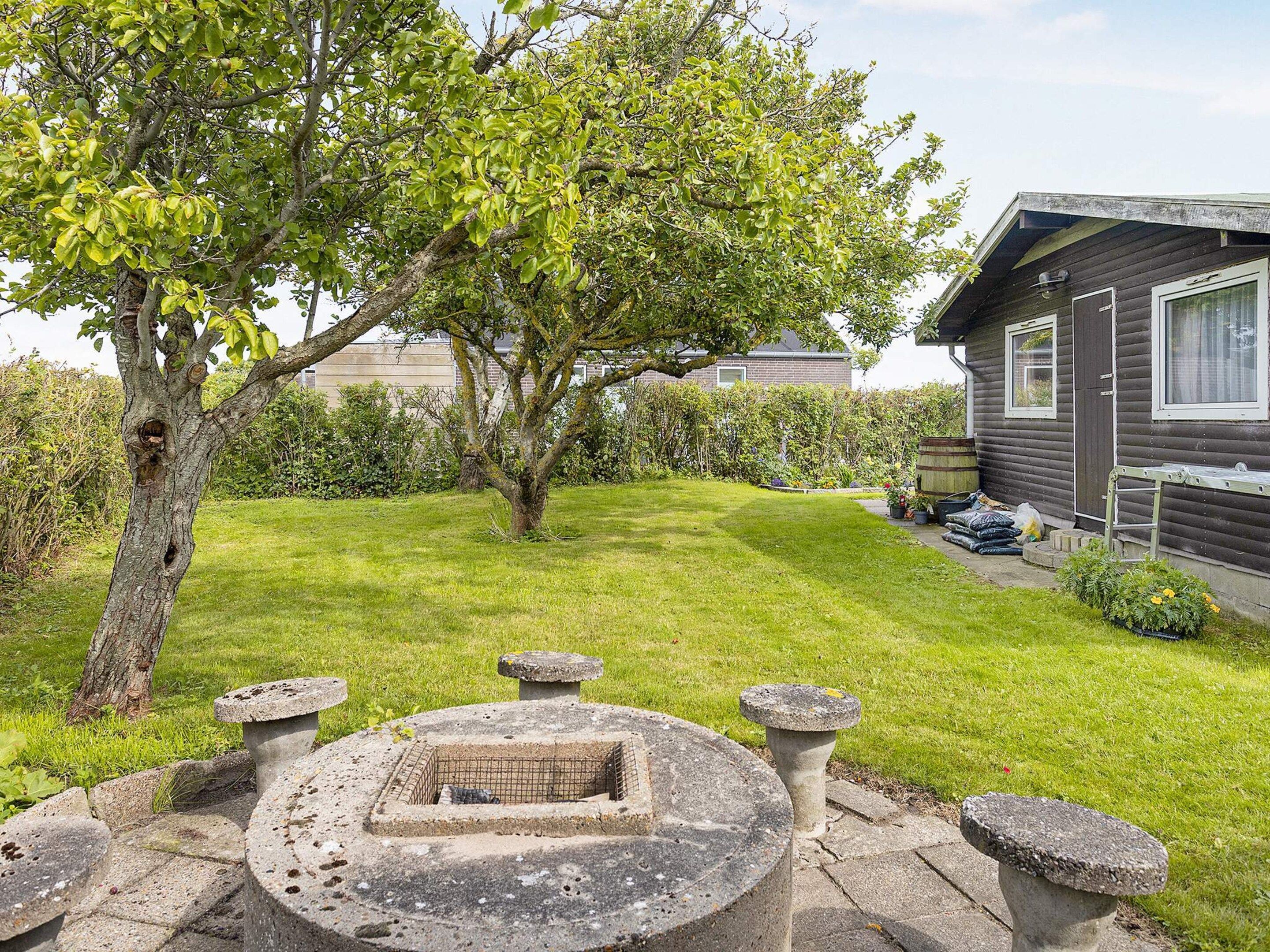 A well-maintained garden with a stone fire pit, a wooden house, and a large tree.