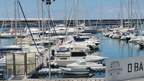 A marina with numerous boats docked, a clear sky, and a sign for 'O Barrilinho'. - Quinta Martin Modern Retreat (Funchal)