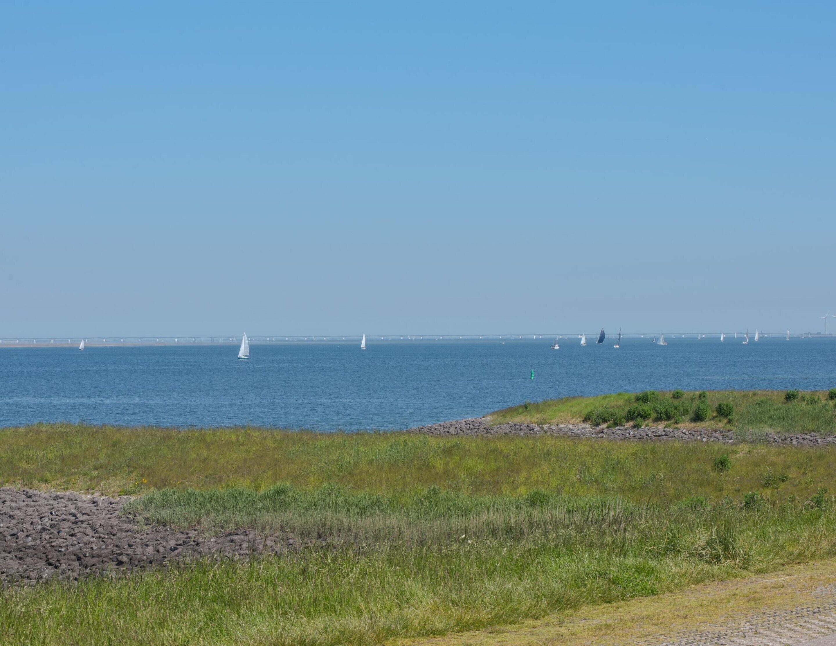 Un paysage côtier offrant une vue dégagée sur la mer, avec un premier plan herbeux et un pont situé au loin.