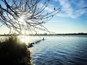 A serene lakeside view with a clear sky, calm water, and a distant shoreline. - Lange Eins Comfortable Holiday Residence (Arnis)