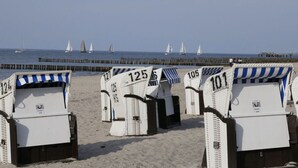 Beach chairs with numbers, a sandy beach, and sailboats in the distance. - Holiday Apartment Palais am Park (Kuehlungsborn)