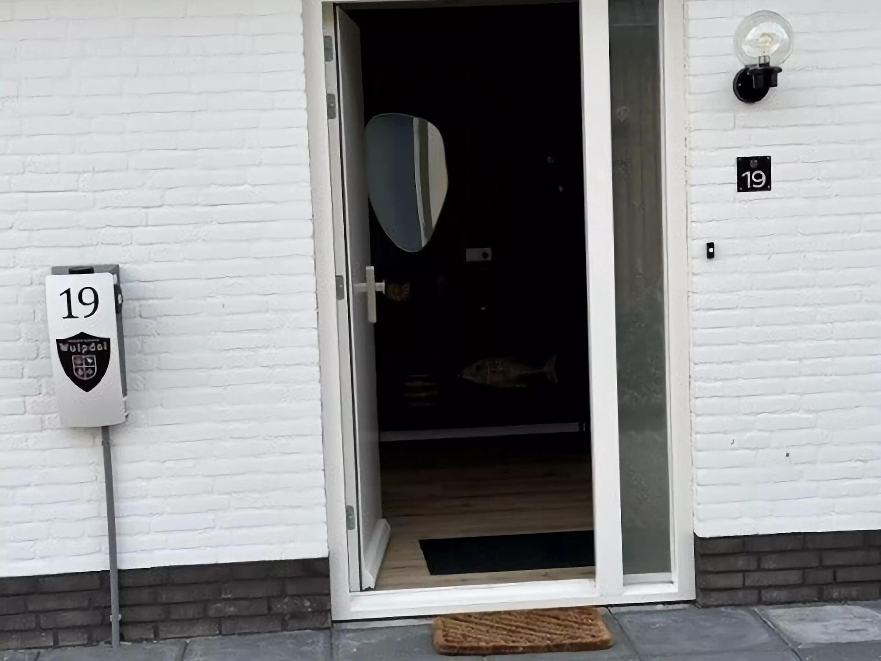 A white building with a door open, revealing a fish inside. There is a number 19 sign on the wall and a mailbox with a shield emblem.