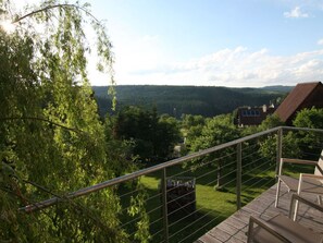 A wooden deck with a metal railing overlooking a forested valley and a house with a sloped roof. - In the Middle of Nowhere (Dornhan)