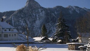 A mountain with a snow-covered peak, a building with a snow-covered roof, and a small tree in the foreground. - Lovely Apartment in Oberammergau (Oberammergau)