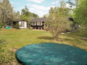 A backyard with a trampoline, a wooden house, and a lawn.