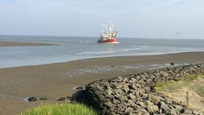 A coastal scene with a fishing boat in the water, a sandy beach, and a rocky shoreline.
