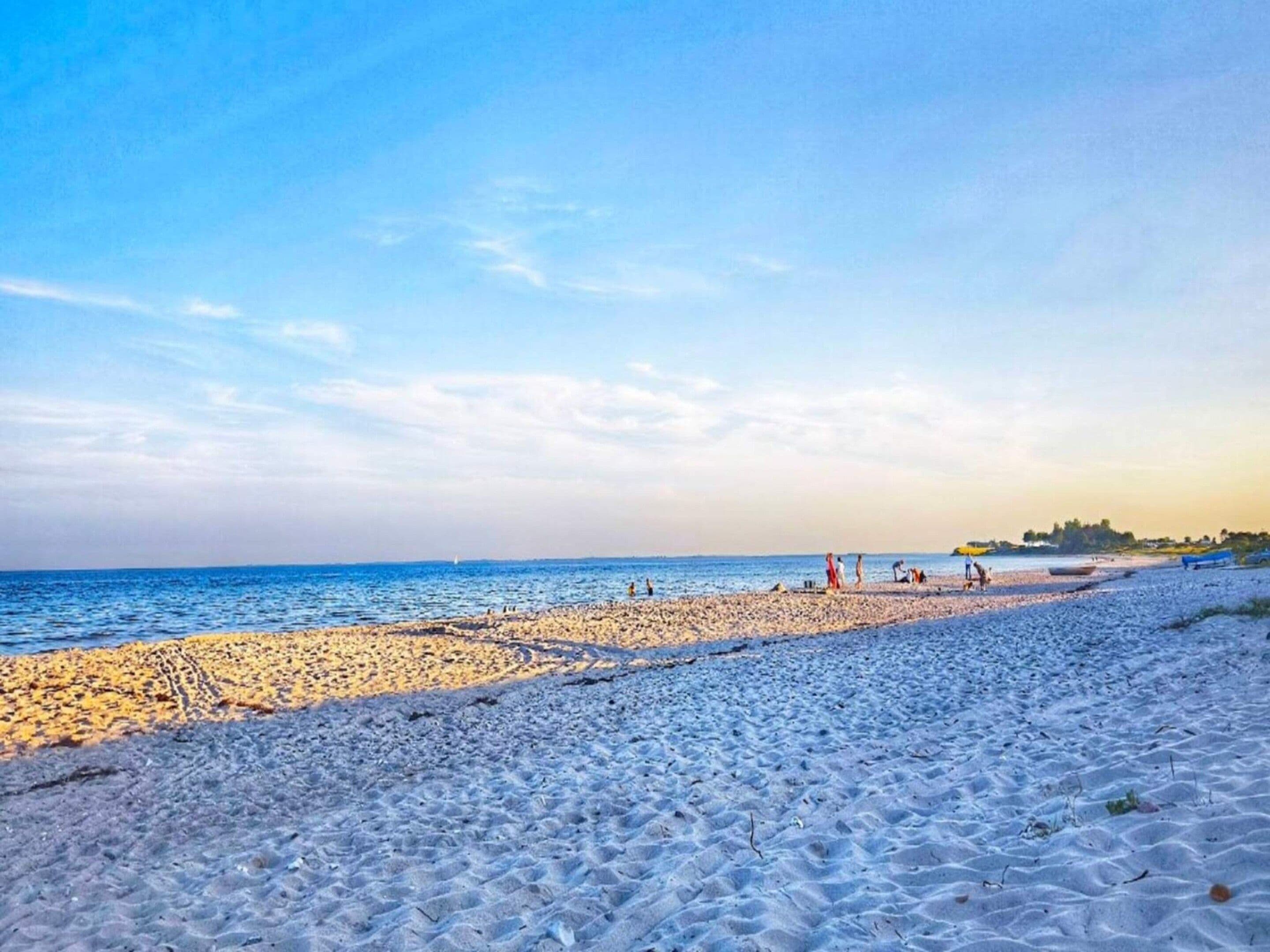 A beach with a clear sky and calm sea.