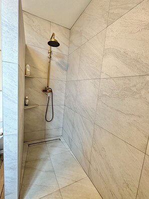 Shower, hair dryer, towels, shampoo