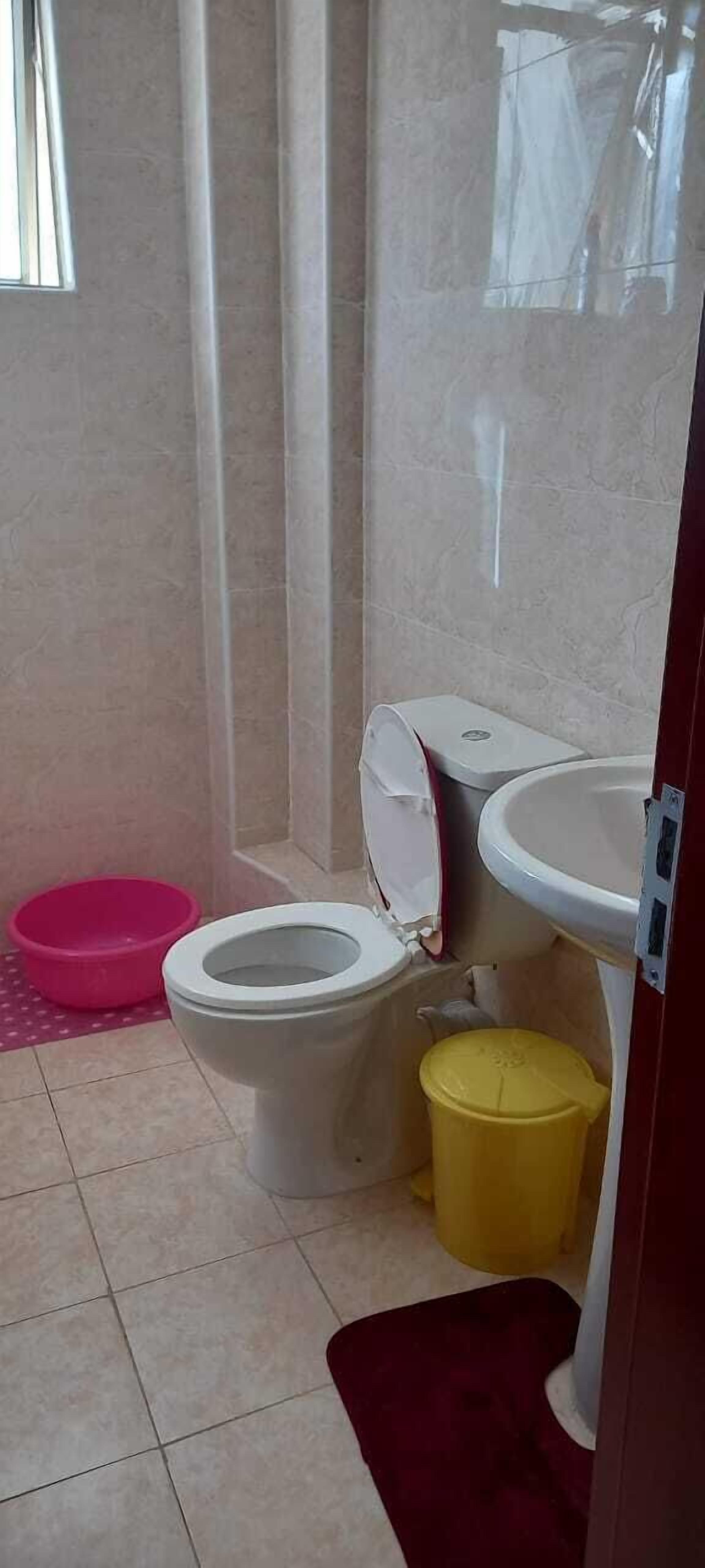 A small bathroom with a toilet, sink, and a pink basin.