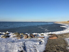 A frozen shoreline with rocks and a clear blue sky. - Schwedenhaus am Kai 14i (Grossenbrode)