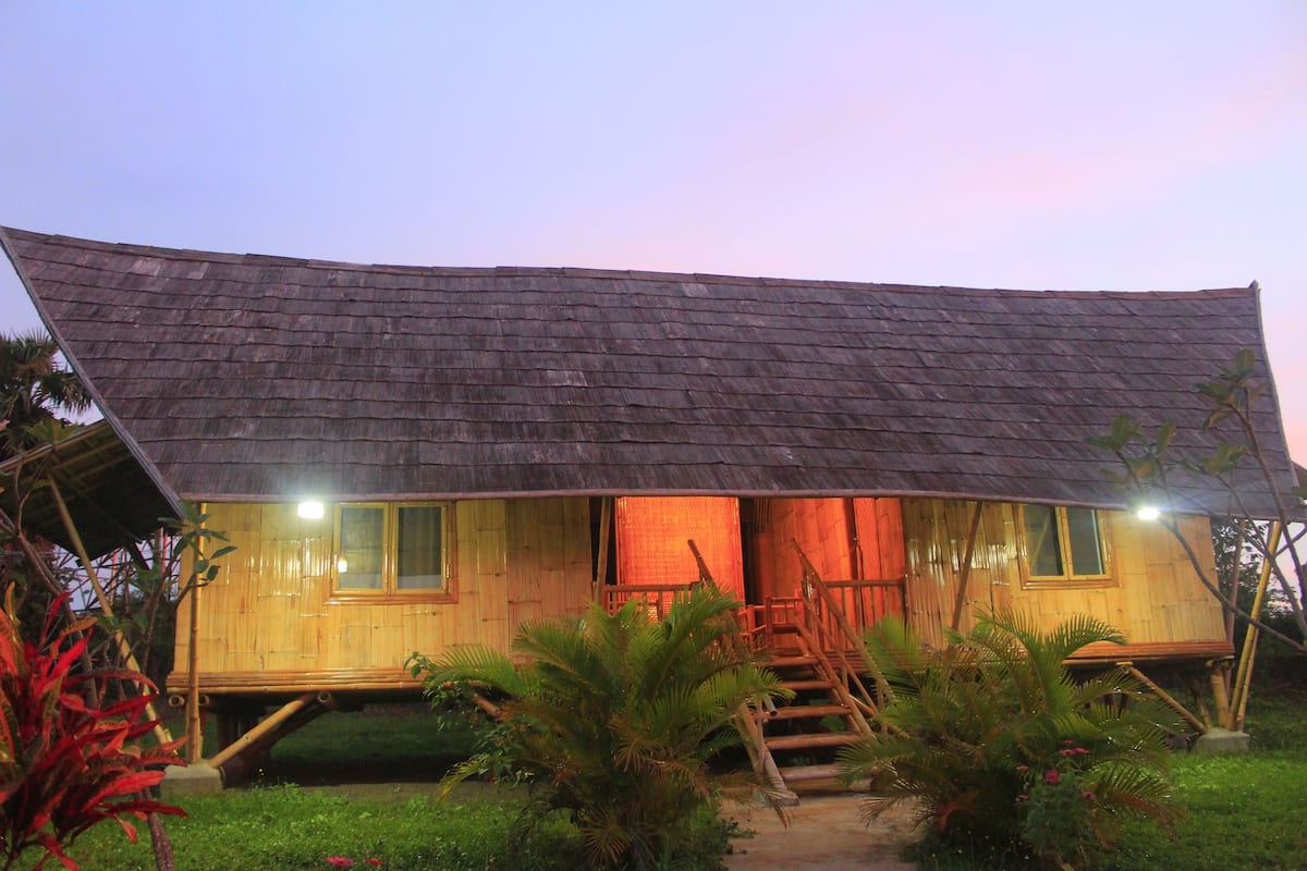 A wooden house with a sloped roof, a staircase leading to the entrance, and a garden with tropical plants.