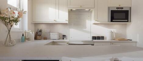A modern kitchen with white cabinetry, a built-in microwave, and a large island with a sink.