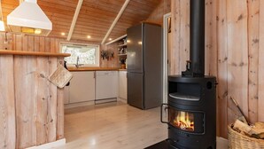 A modern kitchen with a wood-burning stove, stainless steel appliances, and a view to the outside.