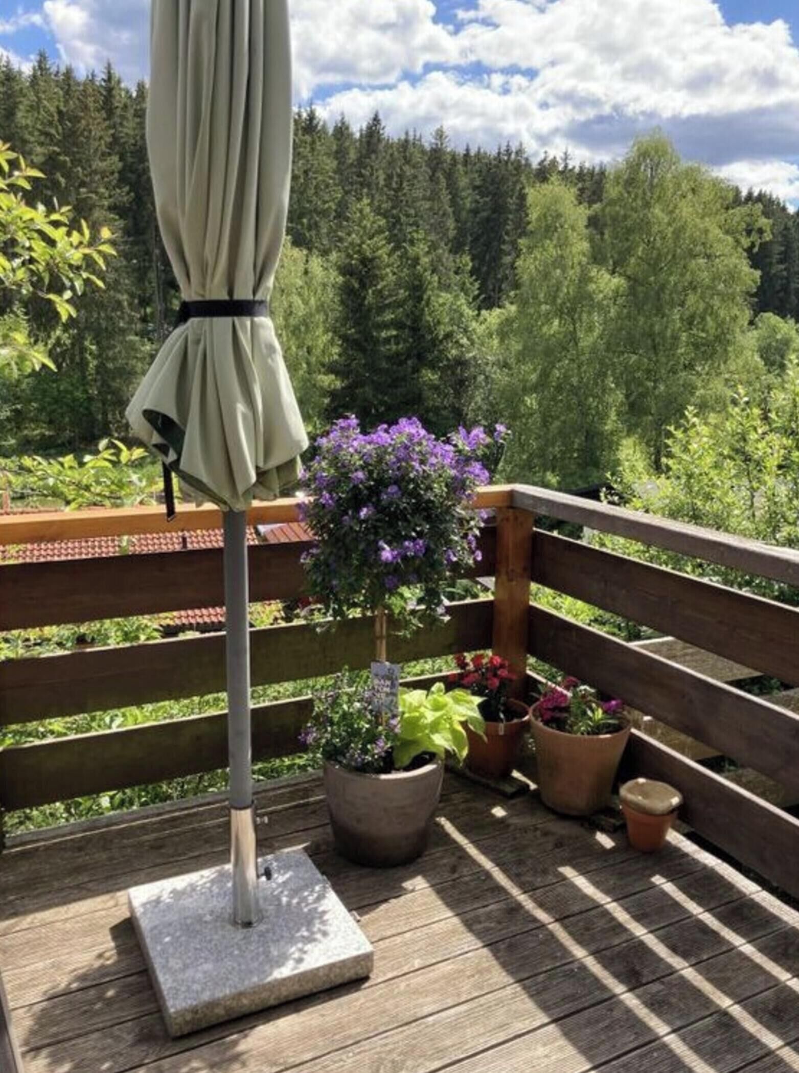 A wooden deck with a metal umbrella stand, potted plants, and a wooden railing.