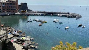 A coastal marina with boats docked and people swimming. - La Casa sul Mare (Vernazza)