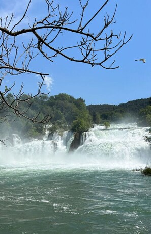 A waterfall with a clear sky and leafless branches in the foreground. - Blizina Mora II Modern Retreat (Vir)