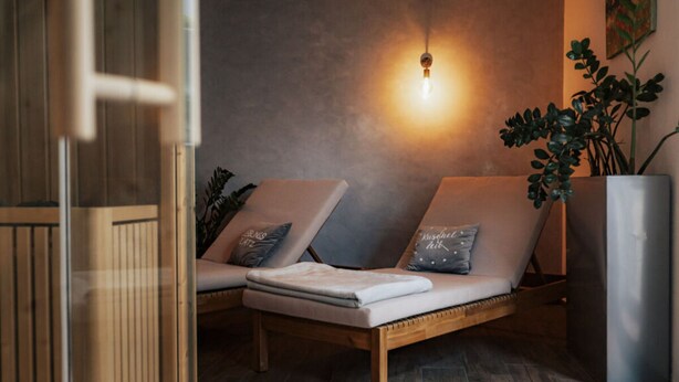 A modern lounge area with two cushioned chairs, a wooden floor, a wall-mounted light, and a potted plant. - Holiday Apartment Swallow's Nest (Eichstetten am Kaiserstuhl)
