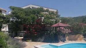 A swimming pool with a stone deck, surrounded by lush greenery and flowering plants. - Sunny Pool Apartments - One Bedroom Apartment (Jasenice)