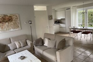 Smart TV, fireplace, DVD player, books