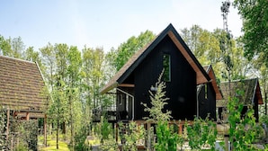 A modern house with a dark exterior, a sloped roof, and a visible chimney. The property is surrounded by a well-maintained garden with various plants and a lawn. - Spacious Holiday Home With Garden (Wekerom)
