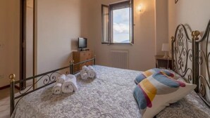 Une chambre à coucher avec un lit, une fenêtre, un radiateur et un téléviseur posé sur une commode en bois.