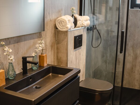 A modern bathroom with a dark sink, a toilet, and a glass shower enclosure. - House in Arnhem With Rhine Views (Maurik)