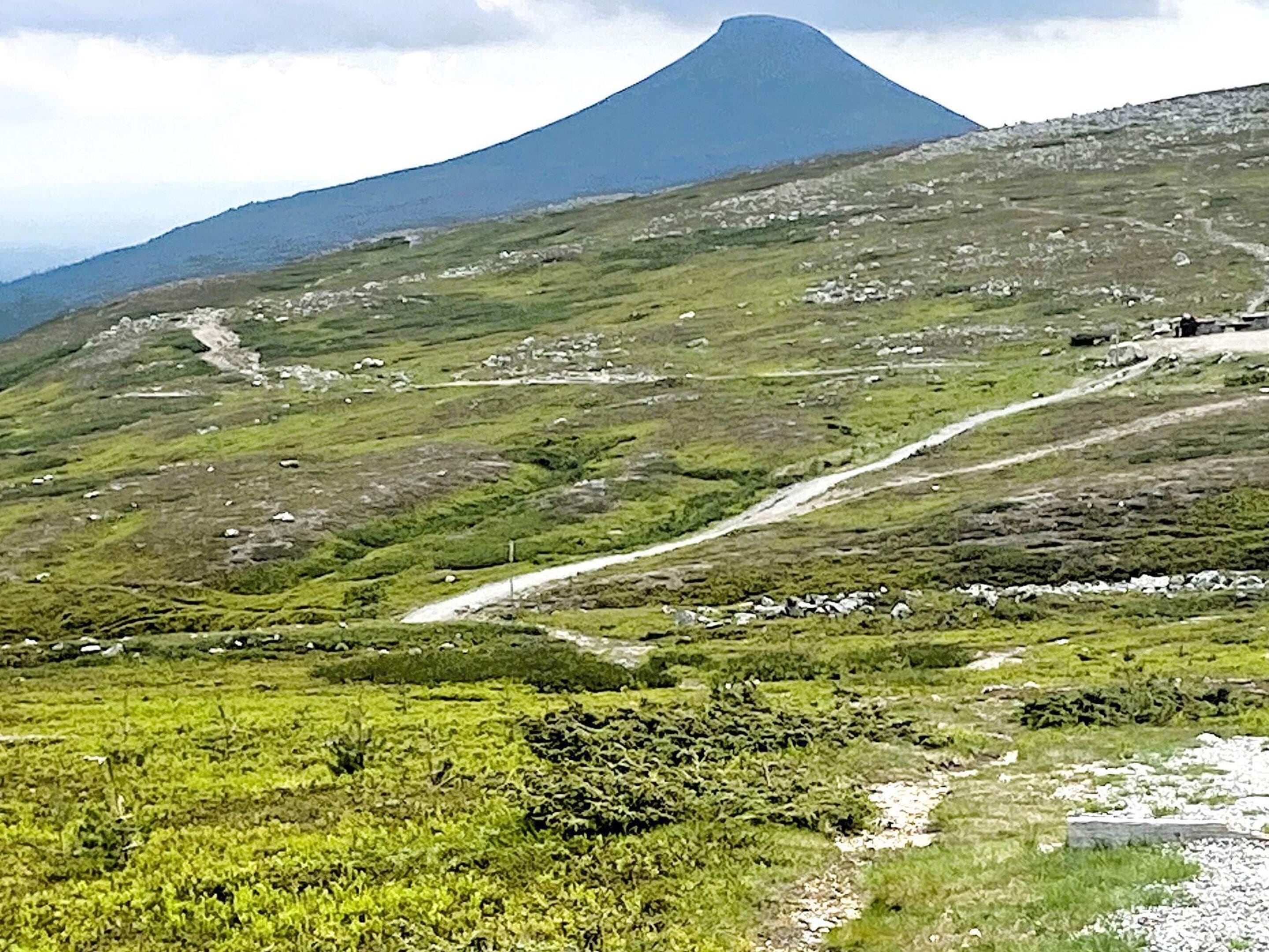 Un paisaje montañoso con un sendero despejado que lleva hacia una cumbre destacada.