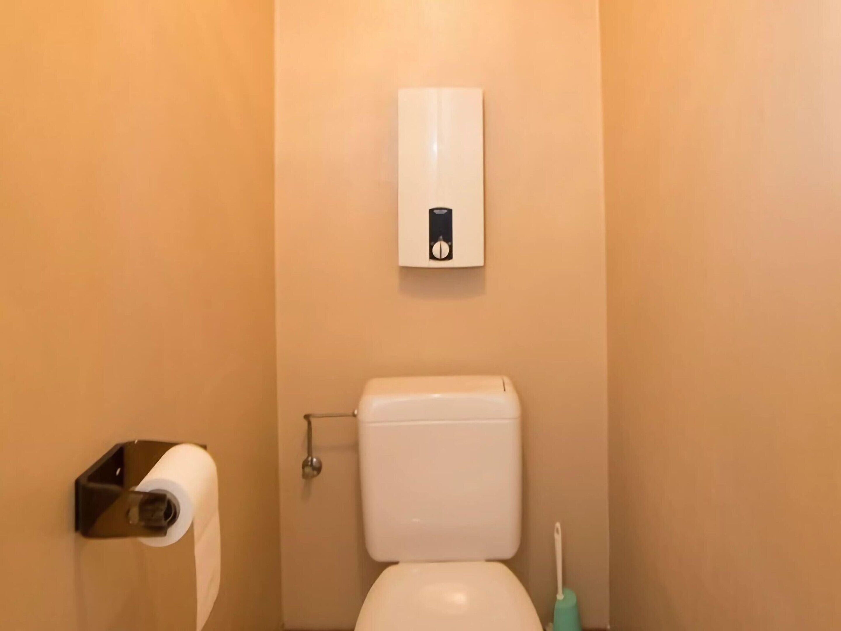 A bathroom with a toilet, a paper towel dispenser, and a toilet brush.