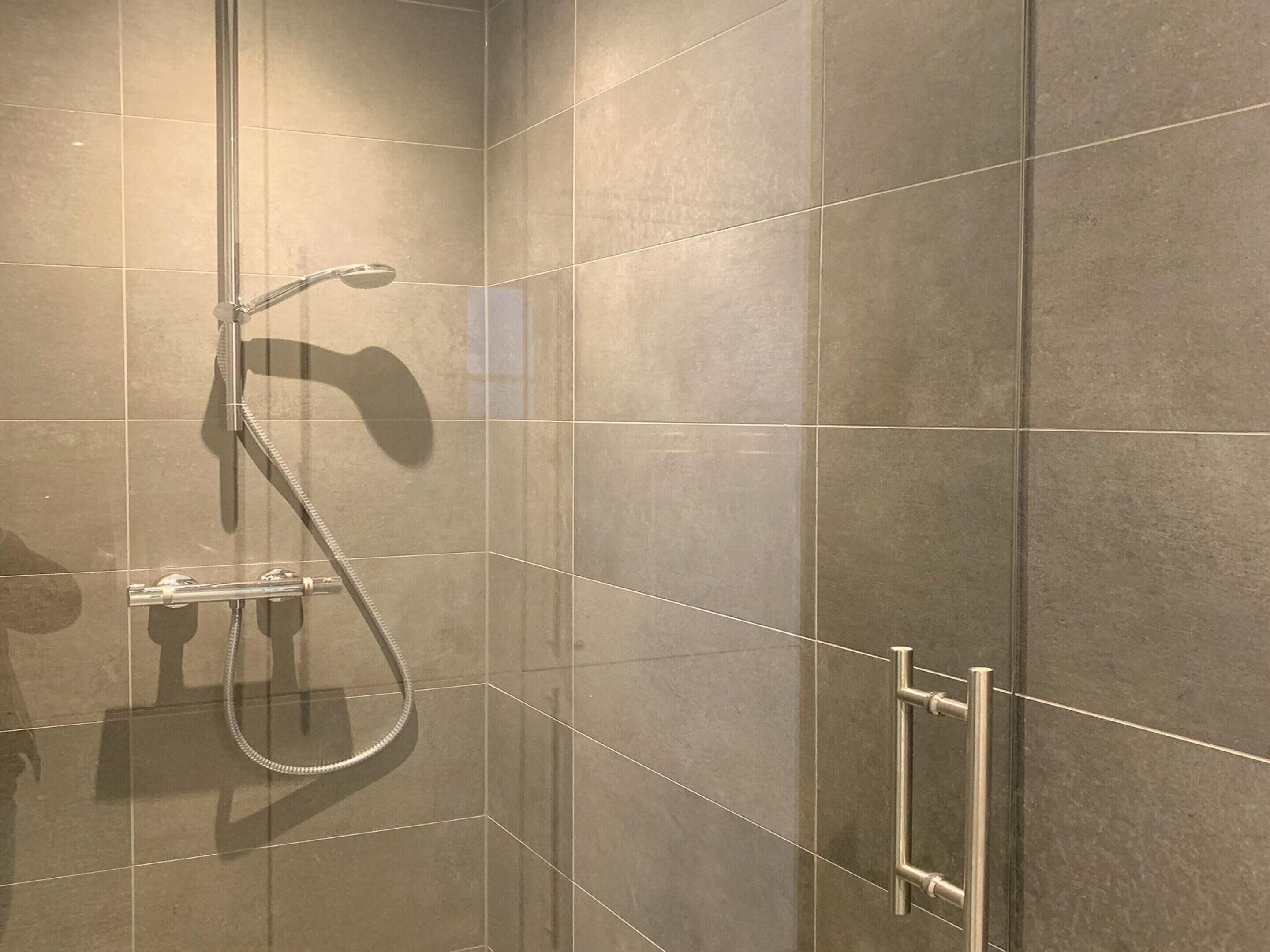 A shower with a handheld showerhead and a wall-mounted handrail.
