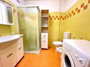 Bathroom features a shower enclosure, toilet, washing machine, and white cabinets with a mirror above the sink.