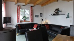 A living room with a black leather sofa, a wooden ceiling, a television, and a window with curtains. - Holiday Home Water View (Rankwitz)