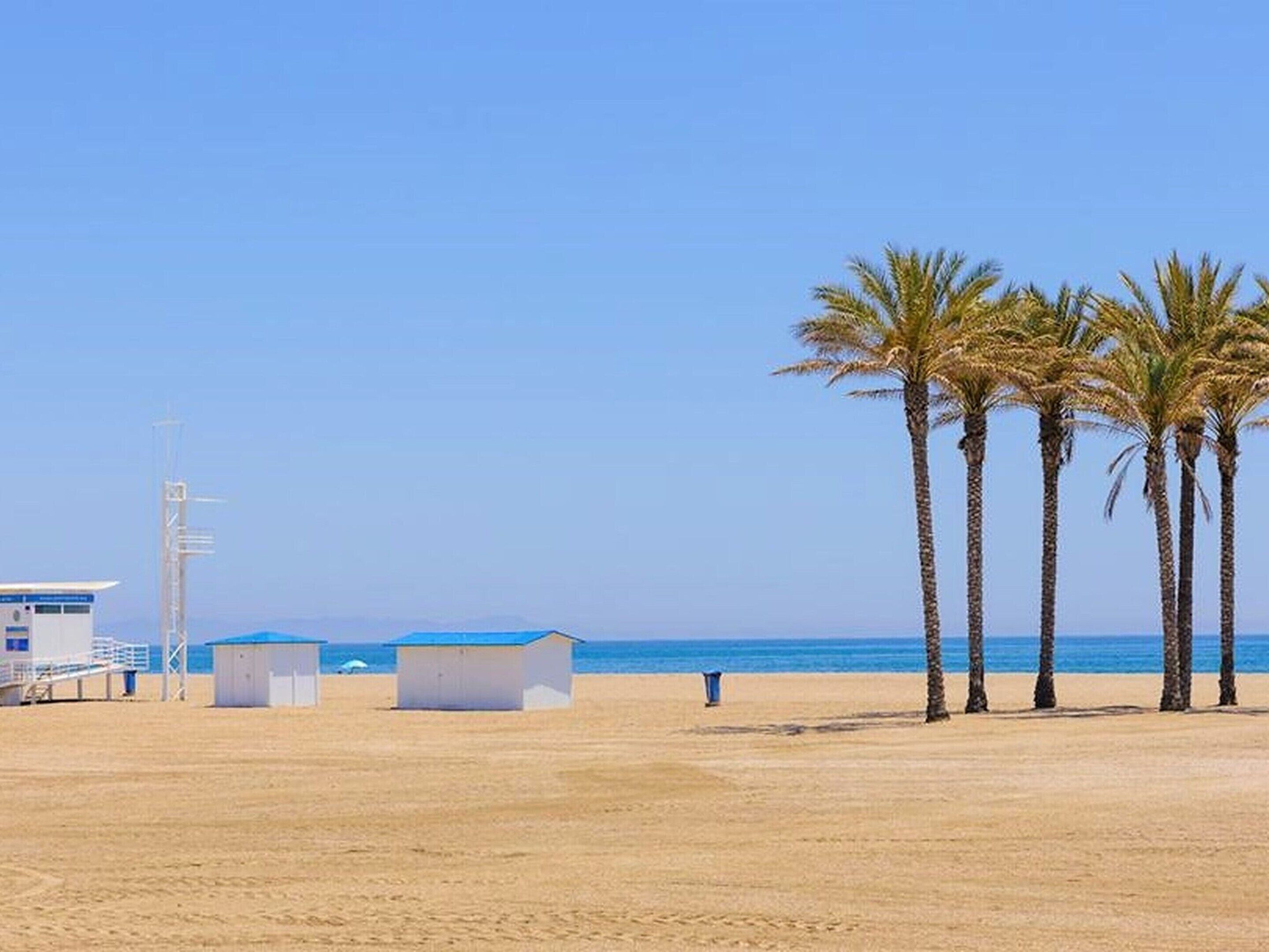 Une plage bordée de palmiers, avec un poste de surveillance pour les sauveteurs et quelques petits bâtiments.