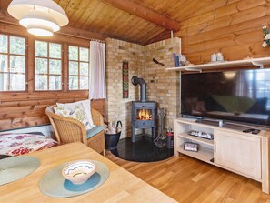 Un intérieur de chalet chaleureux avec une cheminée, un téléviseur, des meubles en bois et un coin repas.