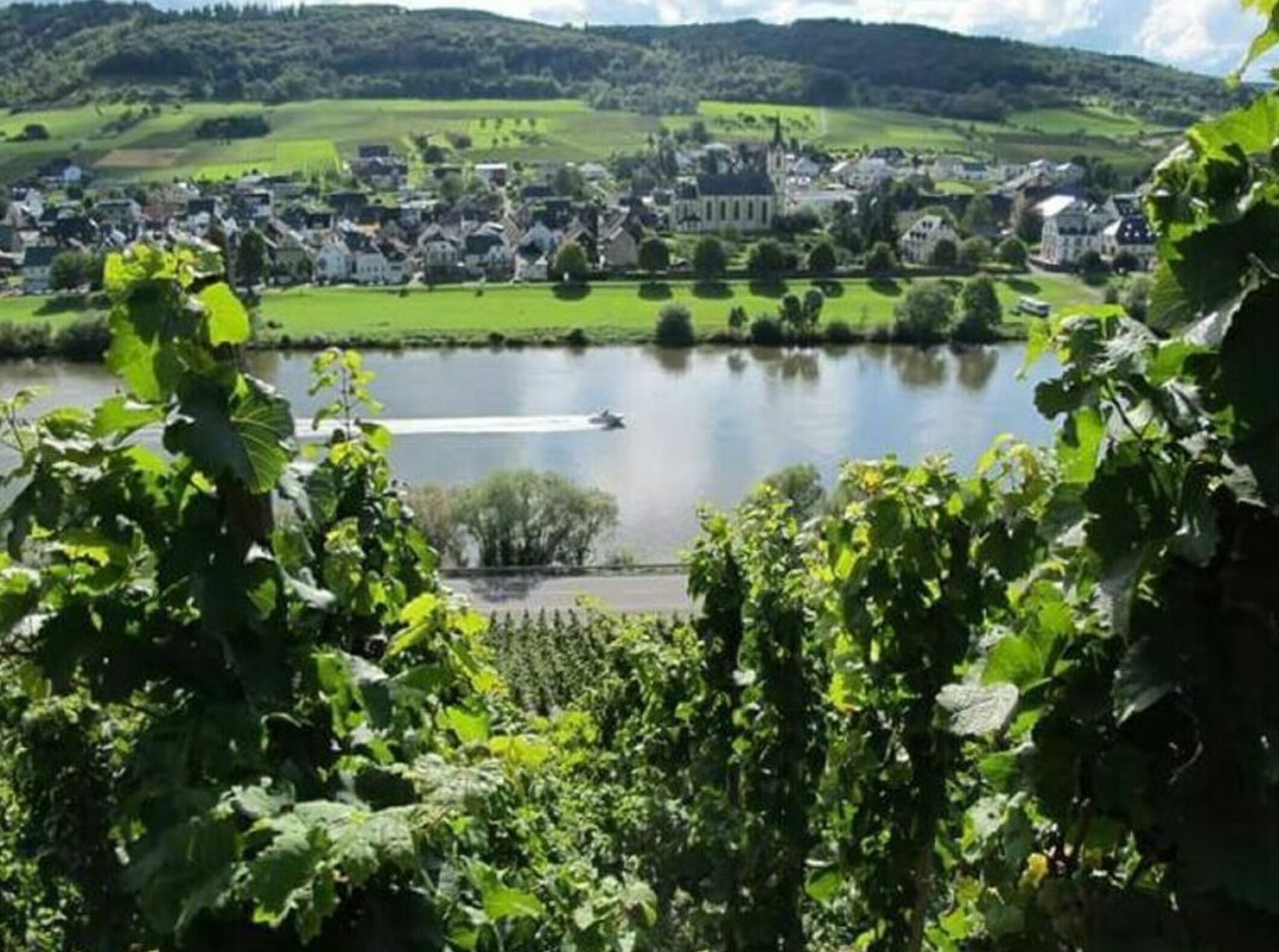 A town with a lake, surrounded by greenery and hills.