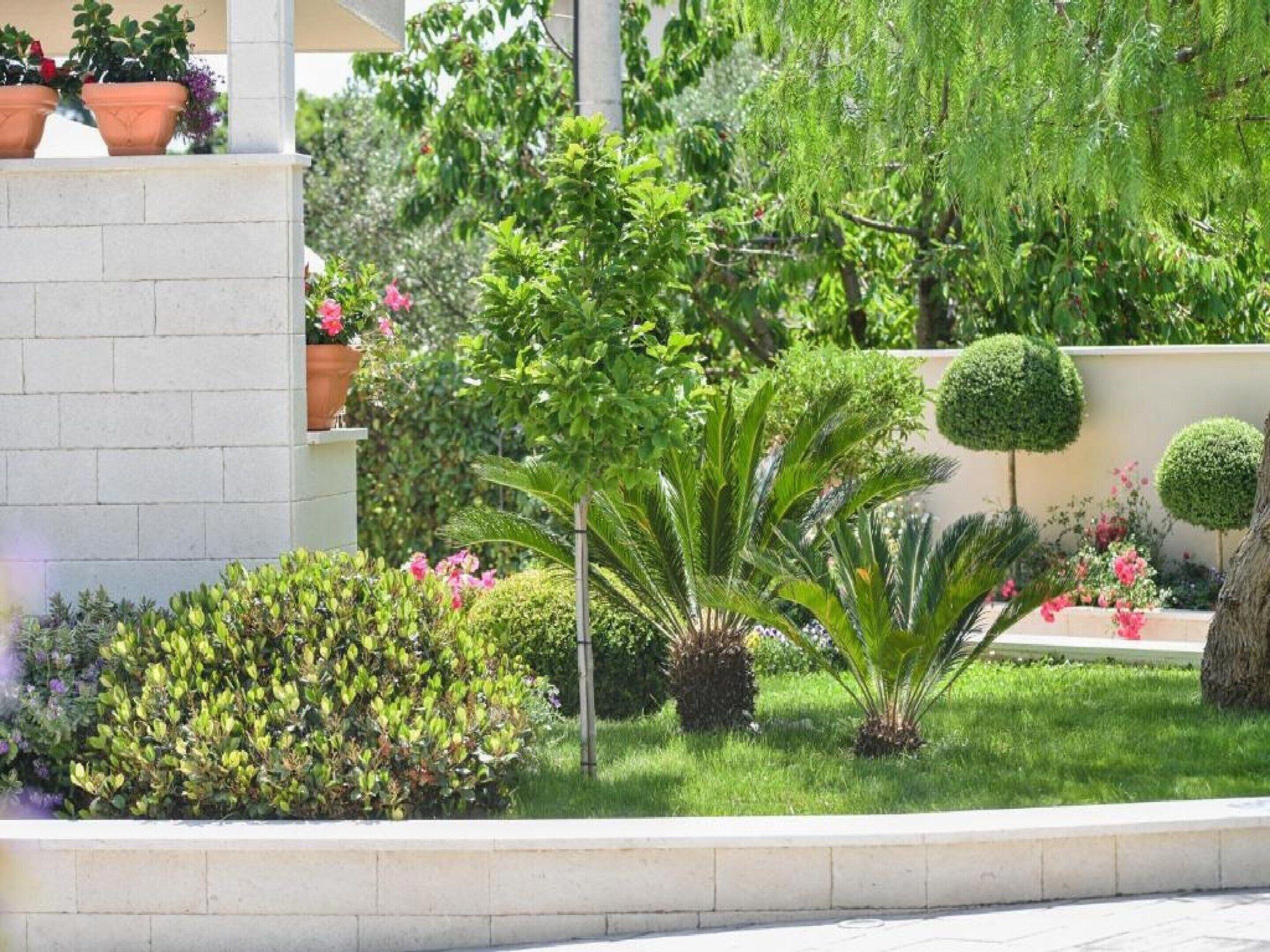 A well-maintained garden with various plants and shrubs, a neatly trimmed lawn, and a white wall with a window.
