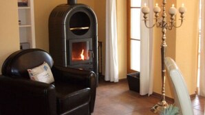 Ein Wohnzimmer mit Kaminofen, einem schwarzen Ledersessel, einem weißen Tisch mit Obstschale und einem Bücherregal.