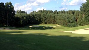 Ein Golfplatz mit Sandbunkern und bewaldeter Landschaft im Hintergrund.