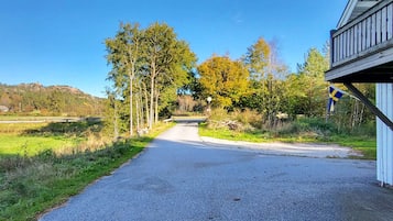A rural road with a gravel path, trees, and a flag on the right.