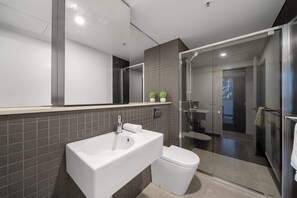 Shower, hair dryer, towels