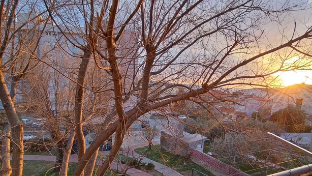 A view of a residential area with bare trees, a pathway, and a building in the background. - Apartment Sunrise (Dugi Rat)