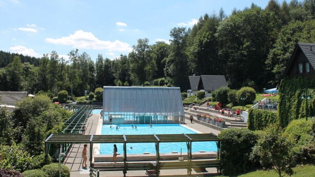 A swimming pool with a covered area, surrounded by lush greenery and residential buildings. - Holiday Apartment Comfortable Vacation Home (Annaberg-Buchholz)