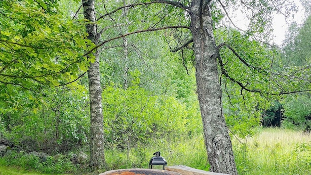 A circular stone fire pit on a wooden deck surrounded by trees. - 4 Star Holiday Home in Bro (Bro)