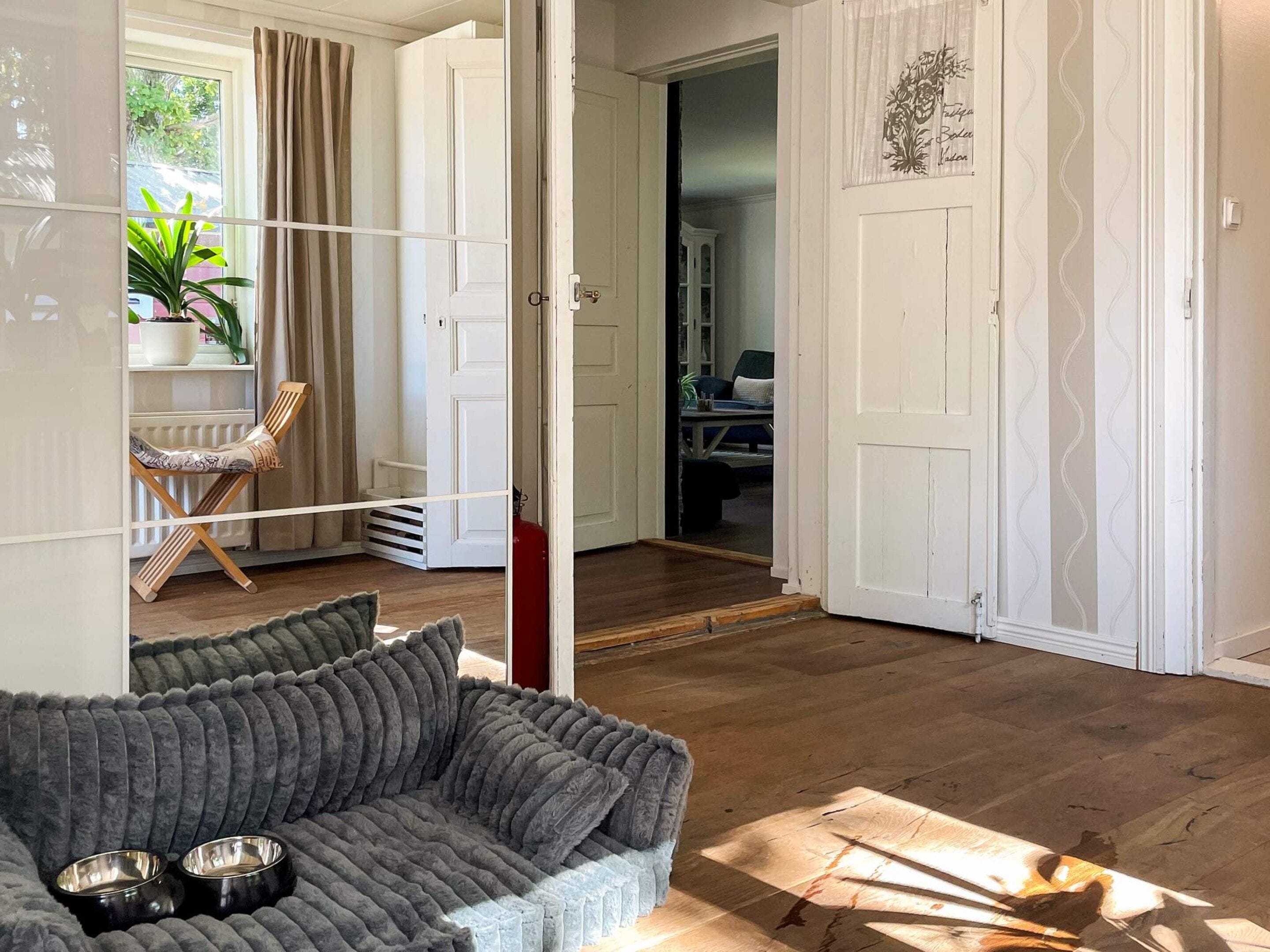 A room with a grey sofa, a wooden chair, a potted plant, and a door leading to another room.