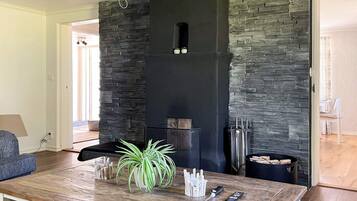A modern living room with a stone fireplace, a wooden dining table, and a potted plant.