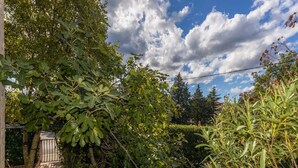 A garden with various plants and trees, a paved pathway, and a metal gate. - Apartments Ilija Njavro - One Bedroom Apartment With Balcony (Crikvenica)