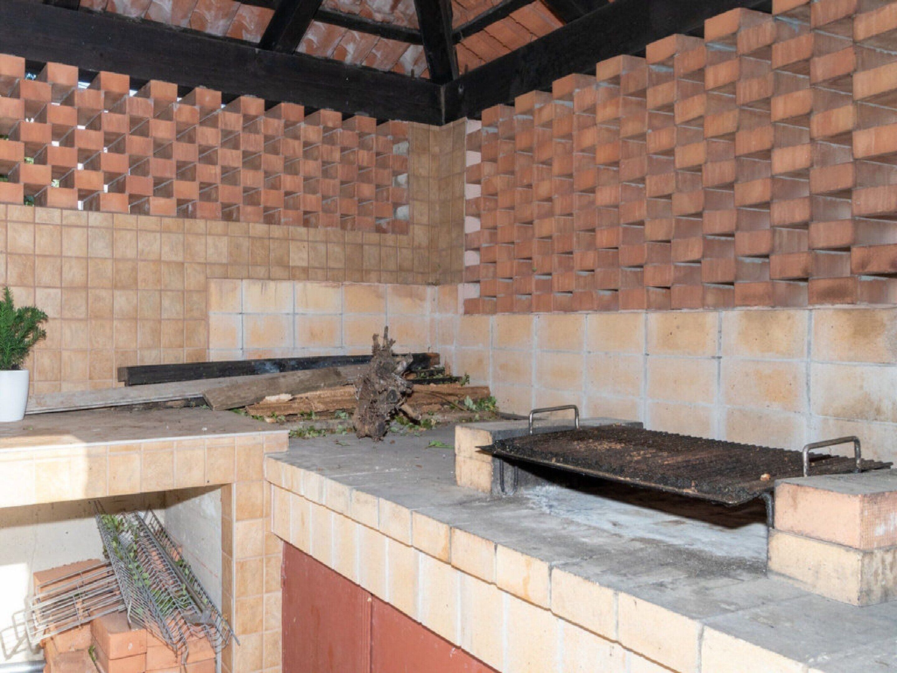 Un espacio de cocina al aire libre con pared de ladrillo, una parrilla metálica y una planta en maceta.